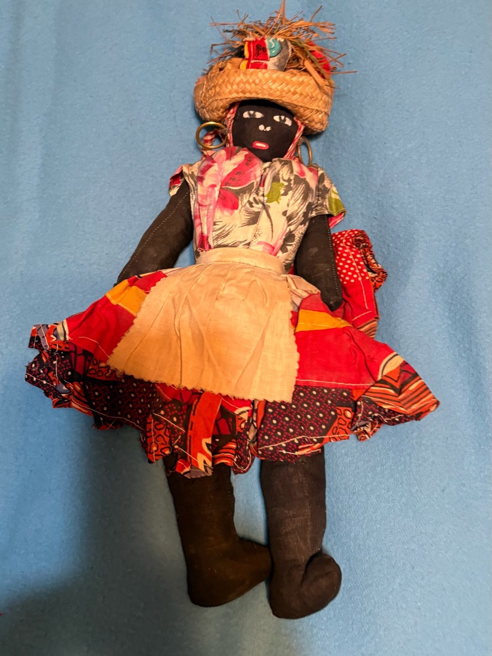 Handmade Multicolor Patchwork Doll with Straw Hat - Unbranded